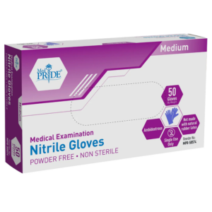 Box of medium-sized purple nitrile gloves, powder-free and non-sterile.