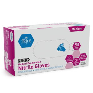Box of medium-sized purple nitrile gloves.