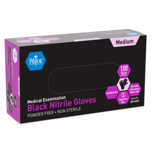 Box of medium black nitrile gloves, powder-free and non-sterile.