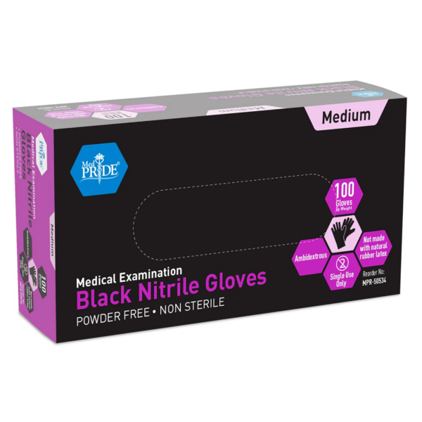 Box of medium black nitrile gloves, powder-free and non-sterile.
