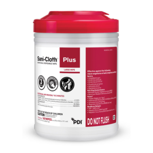 Container of Sani-Cloth Plus disinfecting wipes for healthcare use.