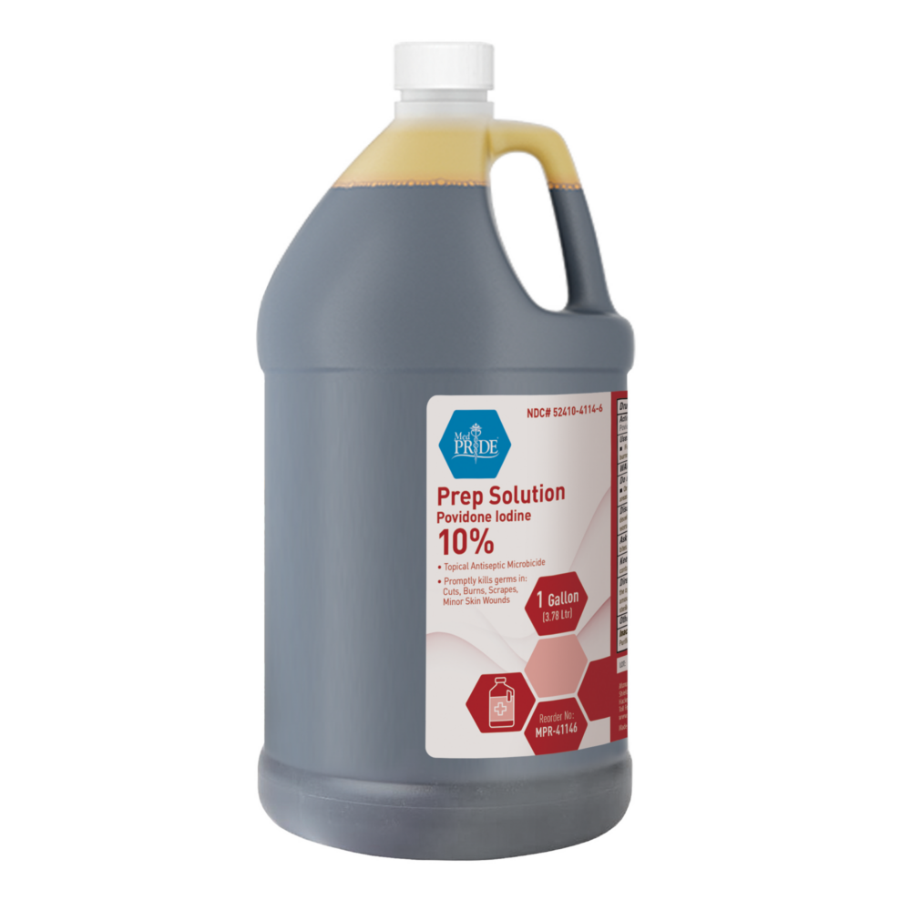 A large bottle of 10% propyl solution antiseptic with a handle.