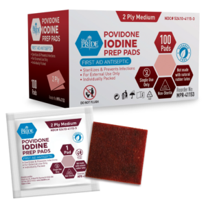 Povidone iodine prep pads box with an individual antiseptic pad.