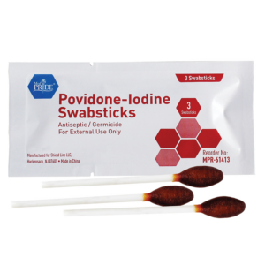Box of Povidone-Iodine Swabsticks for external use.