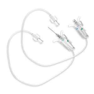 Pair of medical IV infusion sets with tubing and connectors.