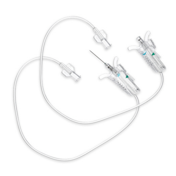 Pair of medical IV infusion sets with tubing and connectors.