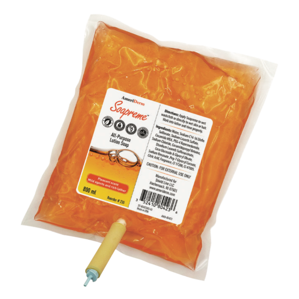 Packaged orange-colored food product with label and nozzle.