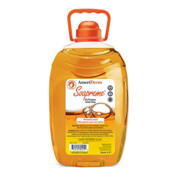 A large bottle of amber-colored syrup with an orange cap and handle.
