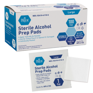 Box of large sterile alcohol prep pads with individual packets.