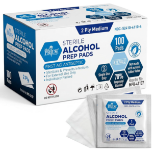 Box of sterile alcohol prep pads with individual packets.