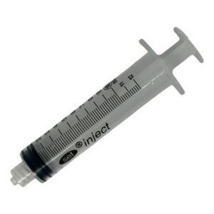 A transparent medical syringe with black measurement markings.