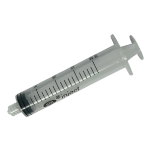 A transparent medical syringe with measurement markings.