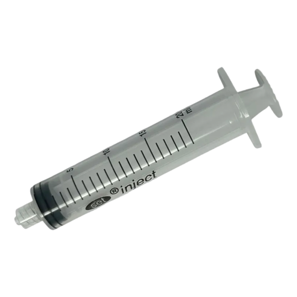 A transparent medical syringe with measurement markings.