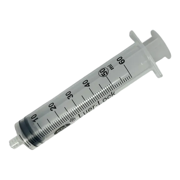 A clear plastic syringe with measurement markings and a white plunger.