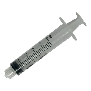 A transparent plastic syringe with black measurement markings.