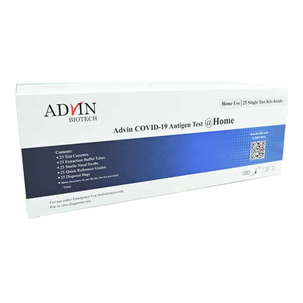 Box of ADVIN COVID-19 Antigen Self Test Kit for nasal use.