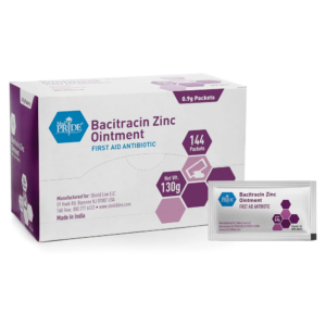 Bacitracin Zinc ointment box with a small tube for first aid use.