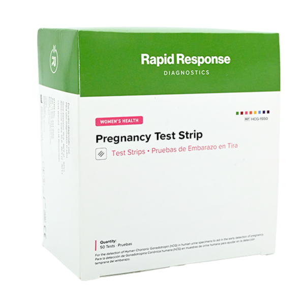Box of Rapid Response Pregnancy Test Strips.