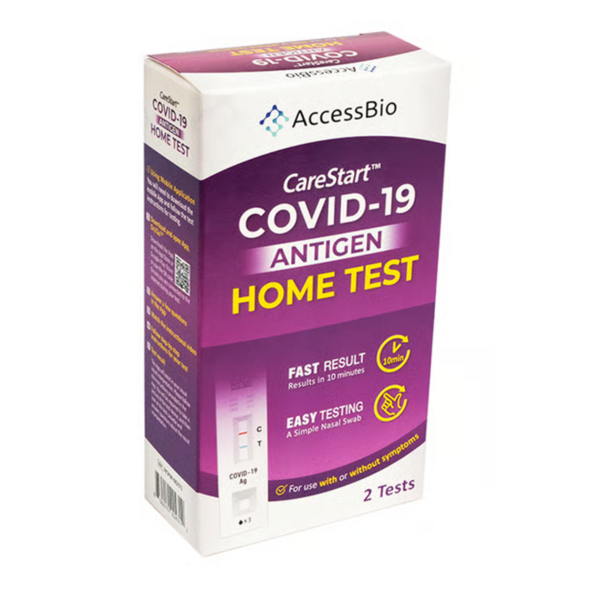 Box of CareStart COVID-19 Antigen Home Test kit.