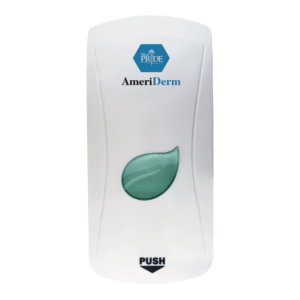 AmeriDerm lotion or sanitizer dispenser with a leaf logo and push button.