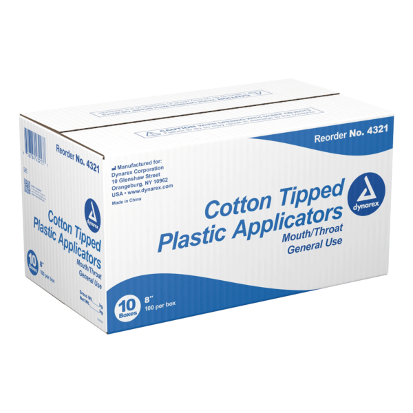 Box of cotton tipped plastic applicators for medical use.