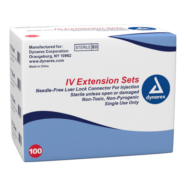 IV extension sets box containing 100 sterile units.