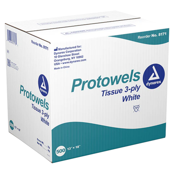 Box of Protowels 3-ply white tissue.