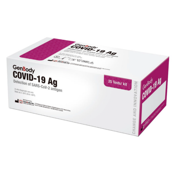 Box of GenBody COVID-19 Ag rapid antigen test kits.