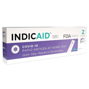 INDICAID COVID-19 rapid antigen at-home test kit box.
