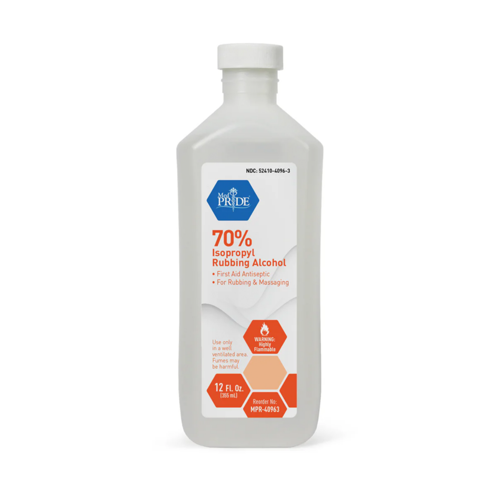 A bottle of 70% isopropyl rubbing alcohol for first aid and disinfecting.