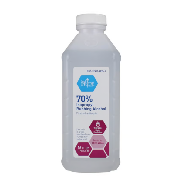 A bottle of 70% isopropyl rubbing alcohol.