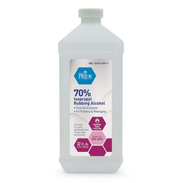Bottle of 70% isopropyl rubbing alcohol for antiseptic use.