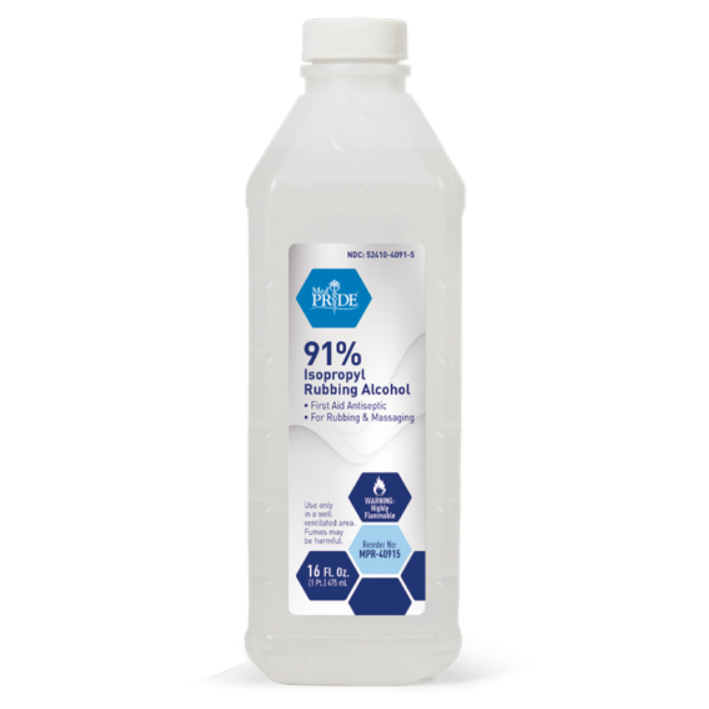 Bottle of 91% isopropyl rubbing alcohol for antiseptic use.