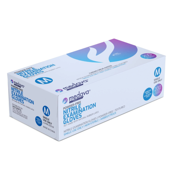 Box of blue nitrile examination gloves, size XL.