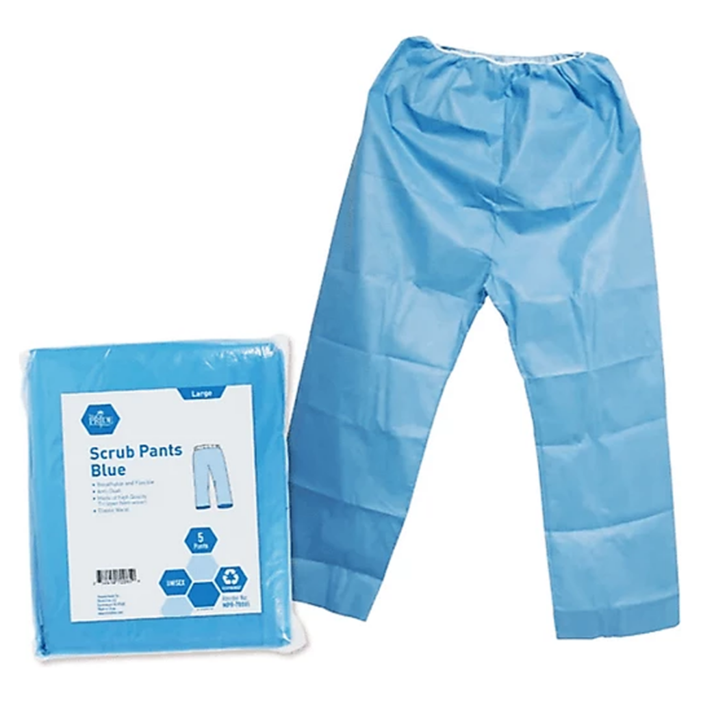 Light blue disposable hospital pants with packaging.