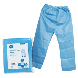 Light blue disposable hospital pants with packaging.