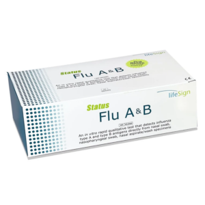 Box of Status Flu A+B rapid test kit for detecting influenza A and B viruses.