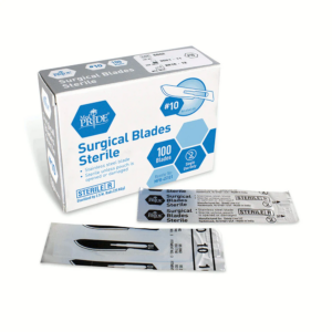 Box of sterile surgical blades with individual packs.