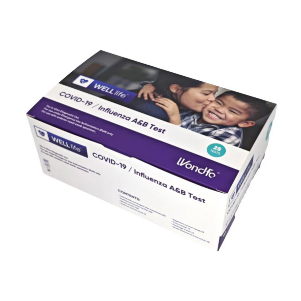 Home COVID-19 test kit box with branding and instructions.