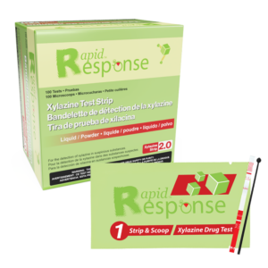 Rapid Response emergency pregnancy test packaging and test device.