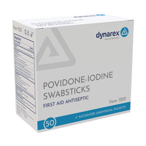Box of Dynarex povidone-iodine swabsticks antiseptic.