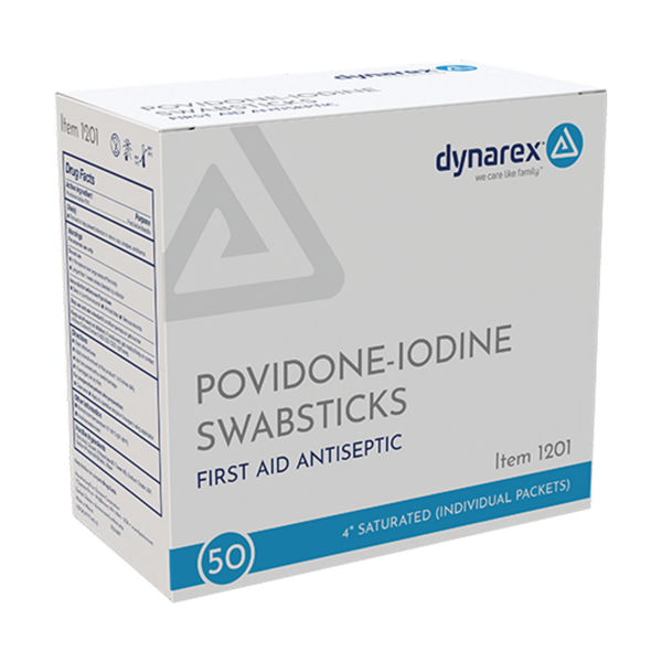 Box of Dynarex povidone-iodine swabsticks antiseptic.