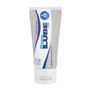 A tube of white personal lubricant labeled "LUBE" with blue accents.
