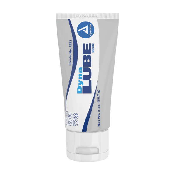 A tube of white personal lubricant labeled "LUBE" with blue accents.