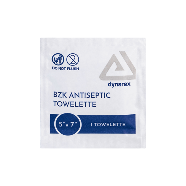 A packet of Dynarex BZK antiseptic towelette.