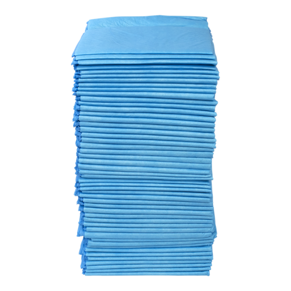 Stack of blue disposable absorbent pads neatly piled.
