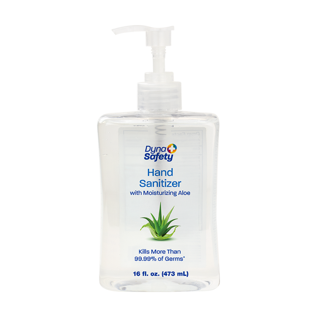 Clear bottle of aloe hand sanitizer with pump dispenser.