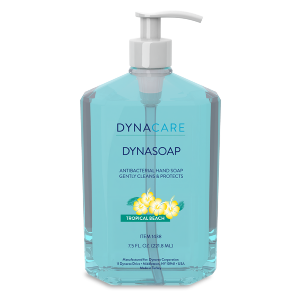 A bottle of Dynasoap liquid hand soap with floral scent.