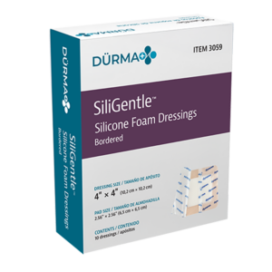 Box of DURMA SiliGentle Silicone Foam Dressings, bordered.