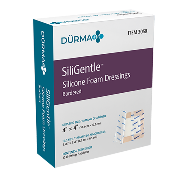 Box of DURMA SiliGentle Silicone Foam Dressings, bordered.